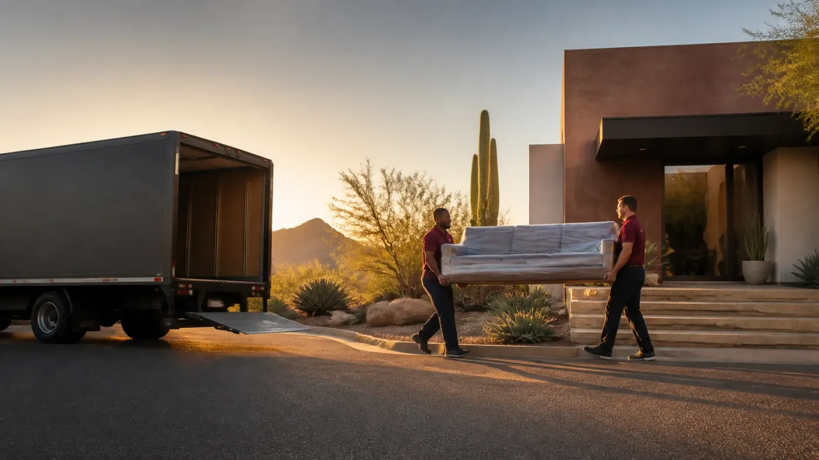 Professional movers carefully carrying furniture into a Phoenix home