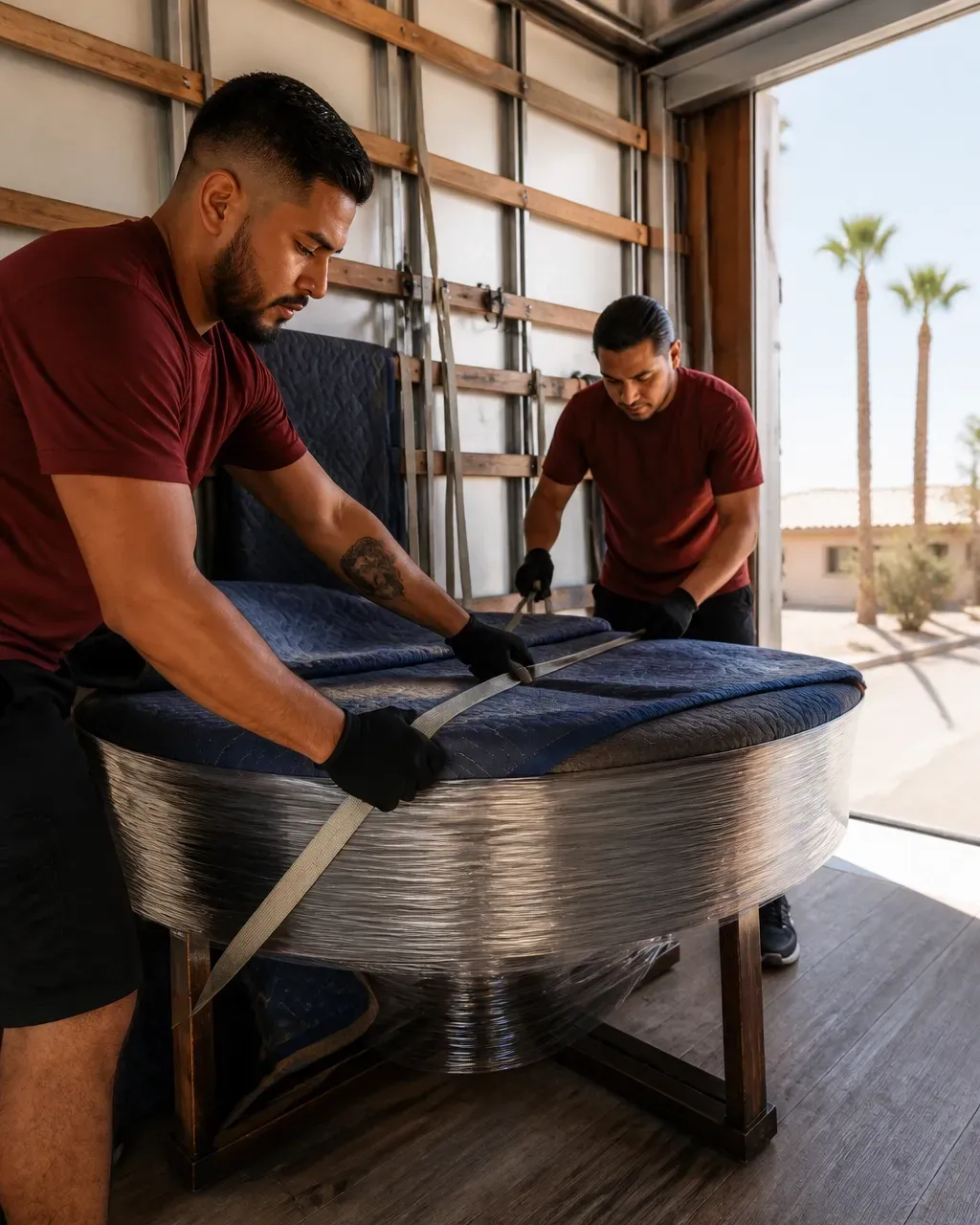 Mover securing furniture inside a delivery truck